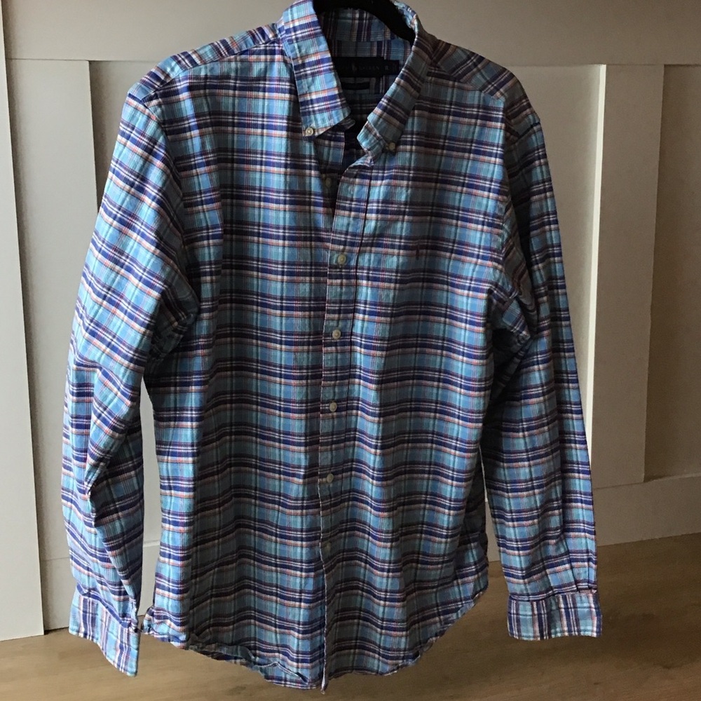 Men's XL Slim Fit Ralph Lauren Blue Plaid Button-Down Shirt